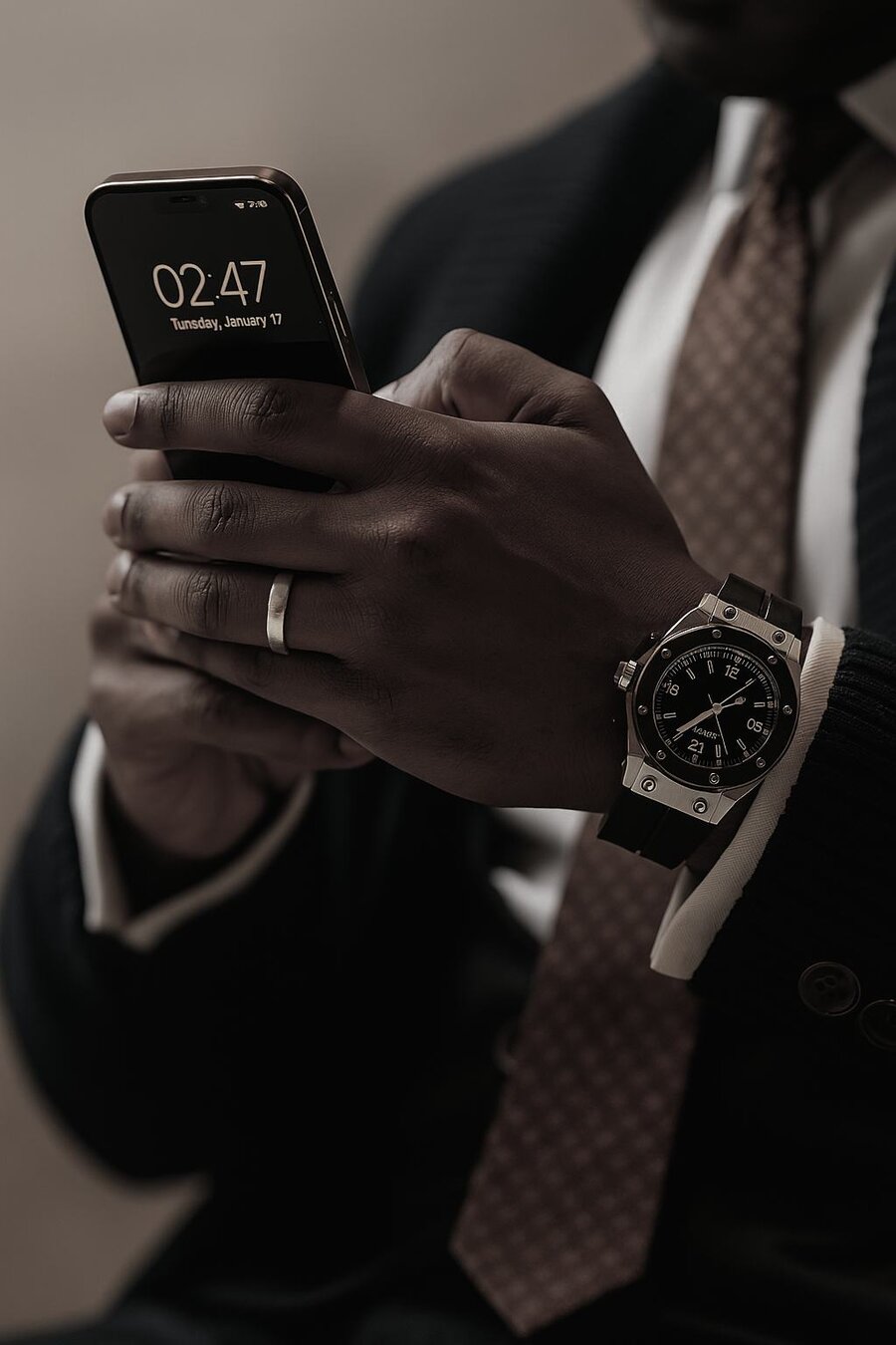 Close-up of a hand holding a phone, wearing a luxury watch