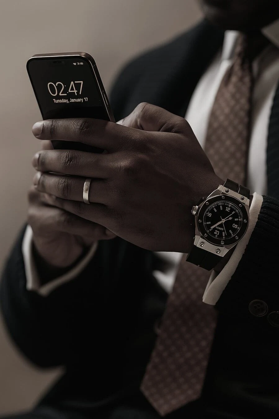 Close-up of a hand holding a phone, wearing a luxury watch