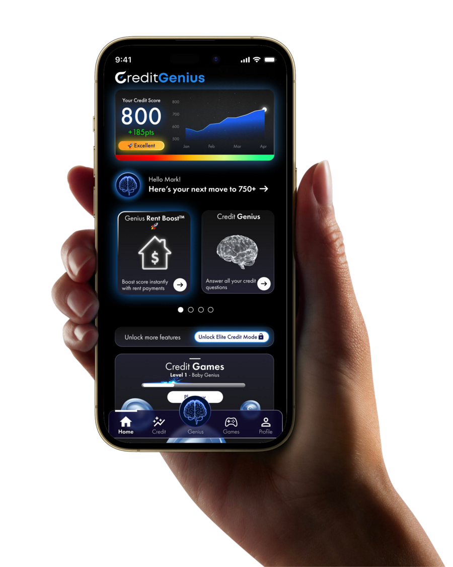 Credit Genius app showing a credit score of 800 and AI-powered features