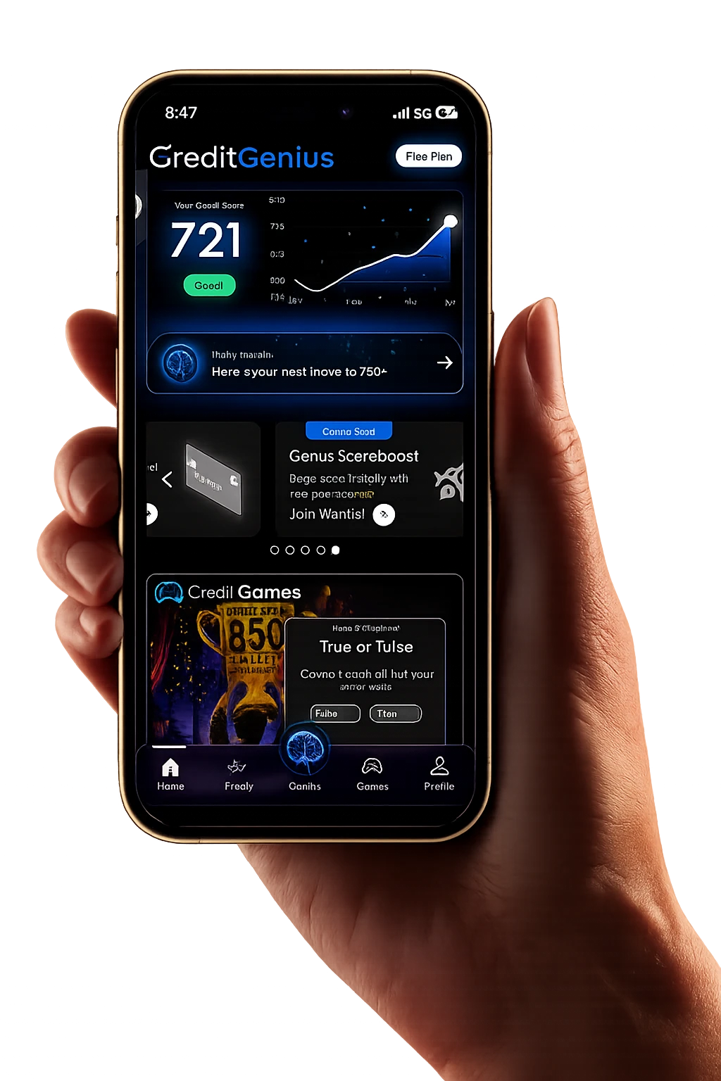 Credit Genius app showing a credit score of 800 and AI-powered features